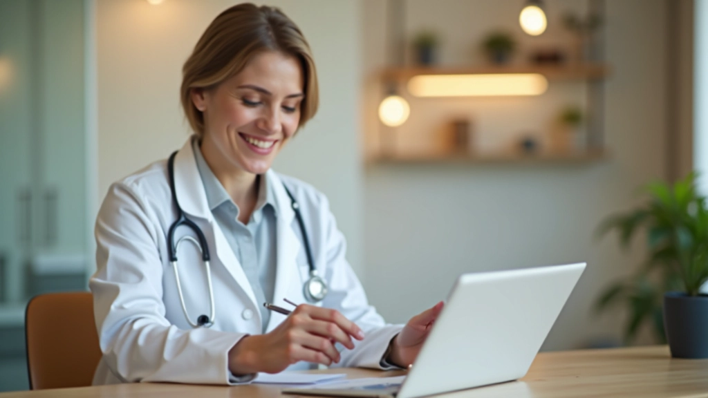 Yaşlı kadın doktor ile beslenme danışmasında, sağlık kayıtları ve beslenme planı tabletinde görülüyor